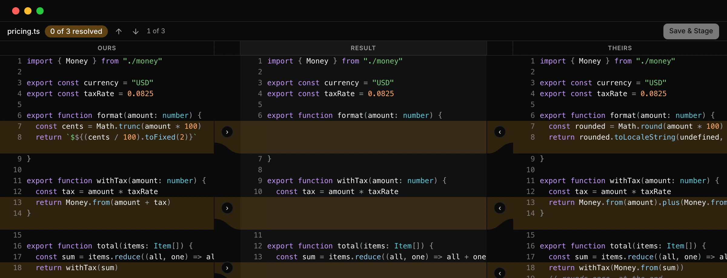 Real three-pane conflict resolution