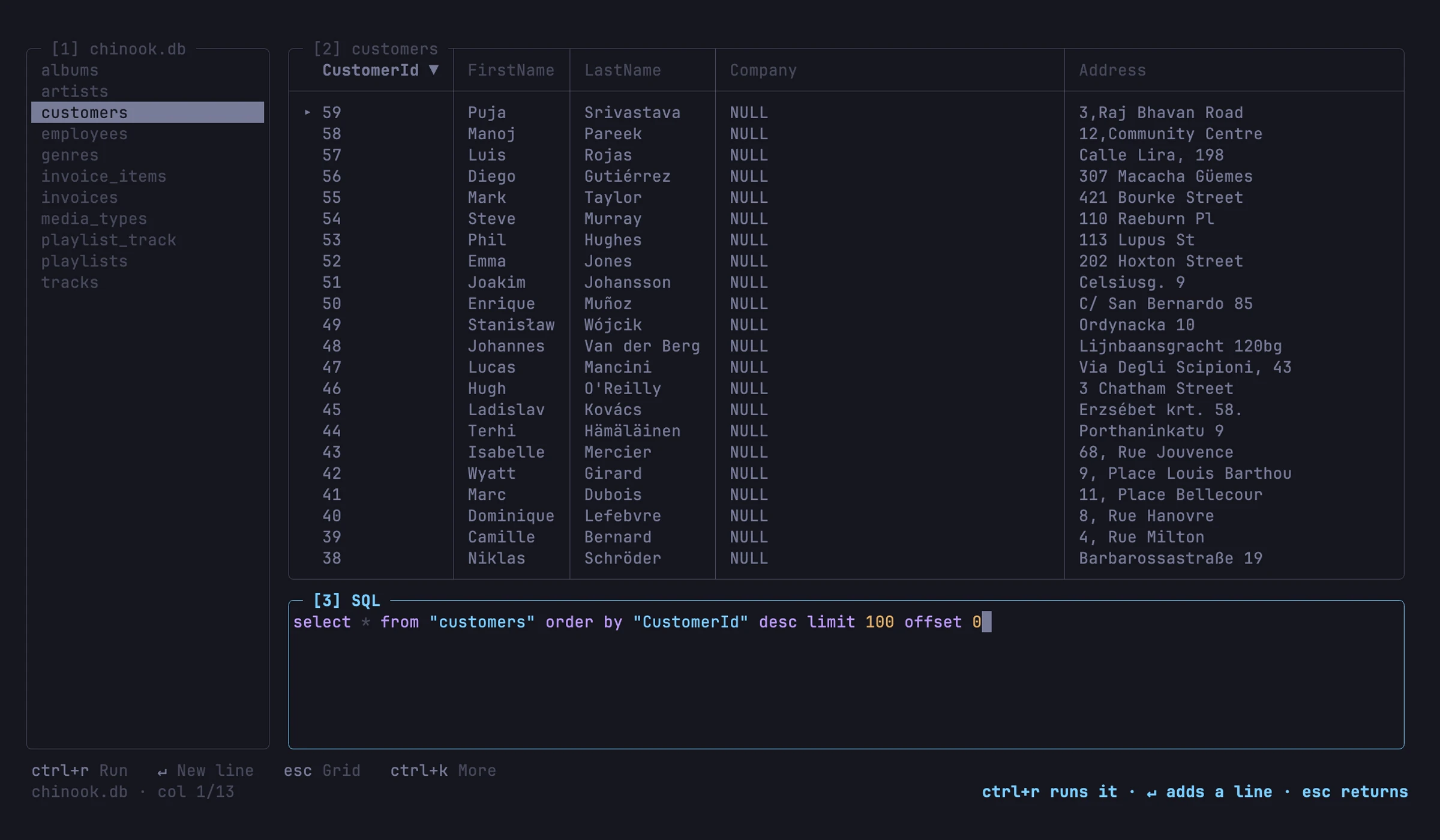 Press o to sort, and the order by appears in the SQL pane underneath. Every view is a statement you can read.